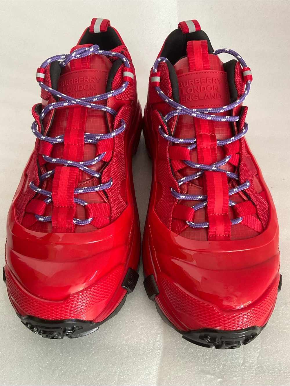 Burberry Red Patent & Mesh Trail Sneakers with Purple Rope Laces